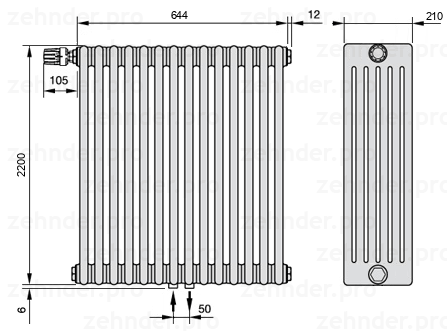 Схема (чертеж) Радиатор Zehnder Charleston 6220/14 №V007 Белый глянцевый RAL 9016